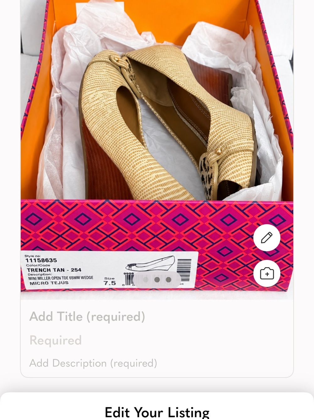 Tory Burch Trench Tan Micro Tejus Wedge Pumps with Stacked Wood Heel